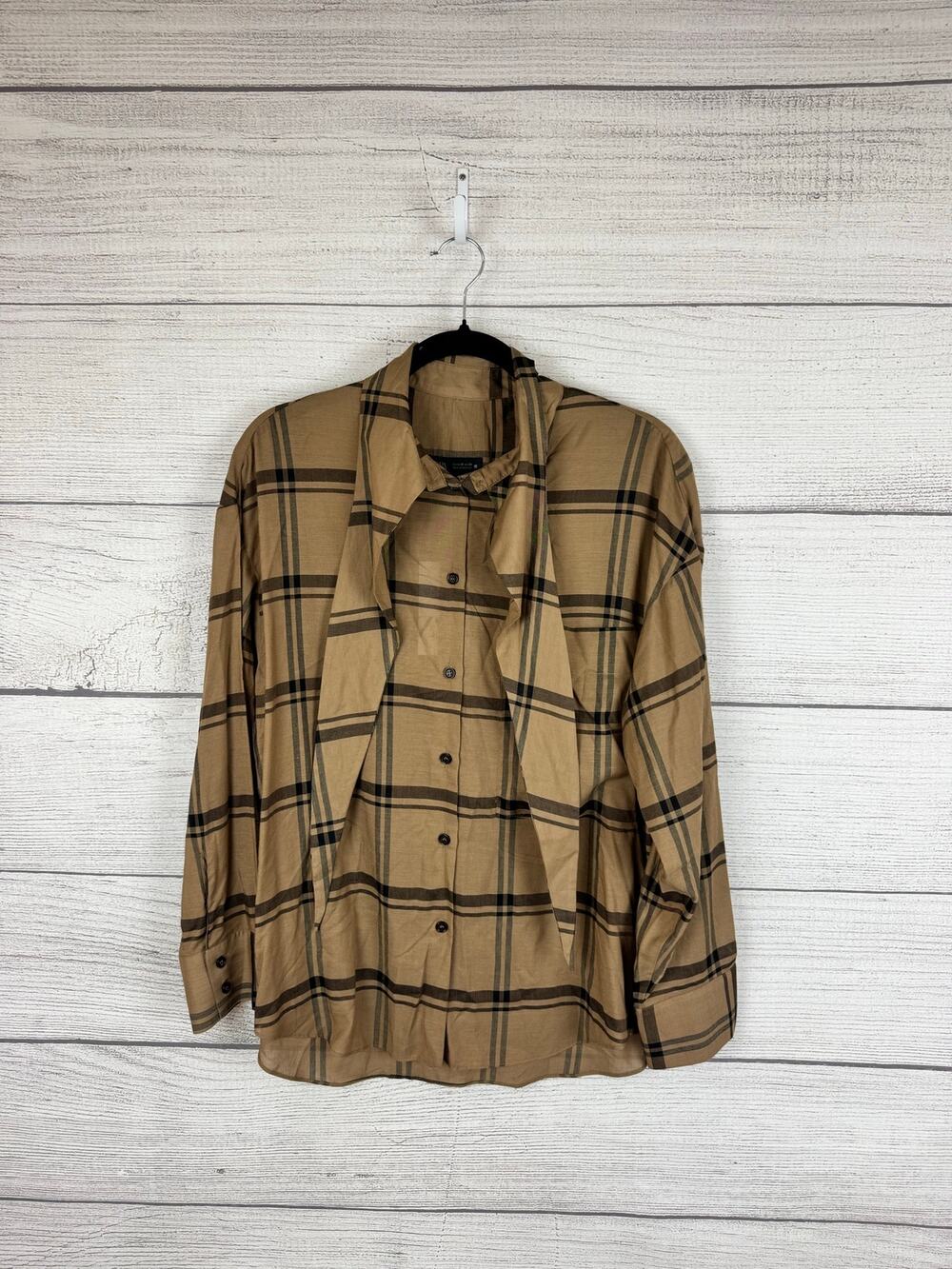 Zara Women's Tan & Black Plaid Tie Neck Lightweight Button Up Blouse Size Medium